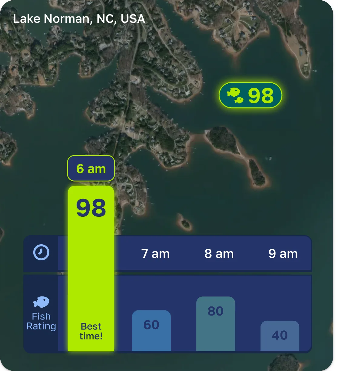 Fishly forecasting the bite hour by hour for Lake Norman, with 6 am rated 98 and marked the best time