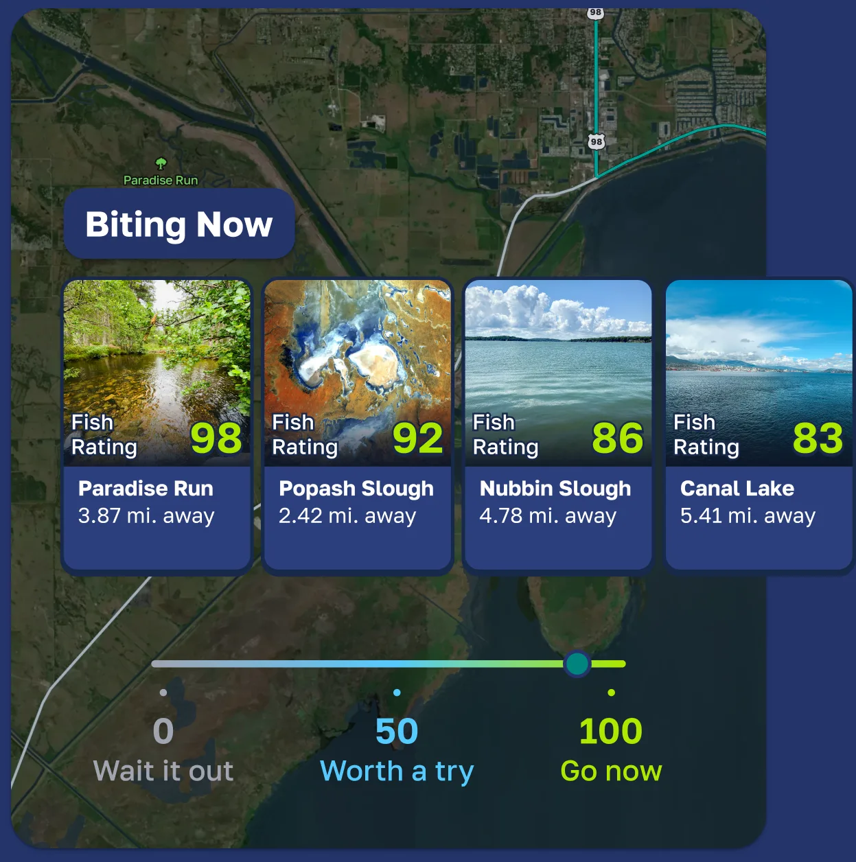 Fishly showing nearby waters on a map, each scored with a Fish Rating from 0 to 100