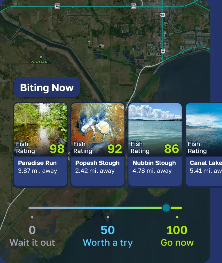 Fishly showing nearby waters on a map, each scored with a Fish Rating from 0 to 100