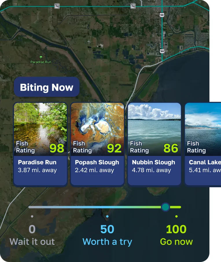 Fishly showing nearby waters on a map, each scored with a Fish Rating from 0 to 100