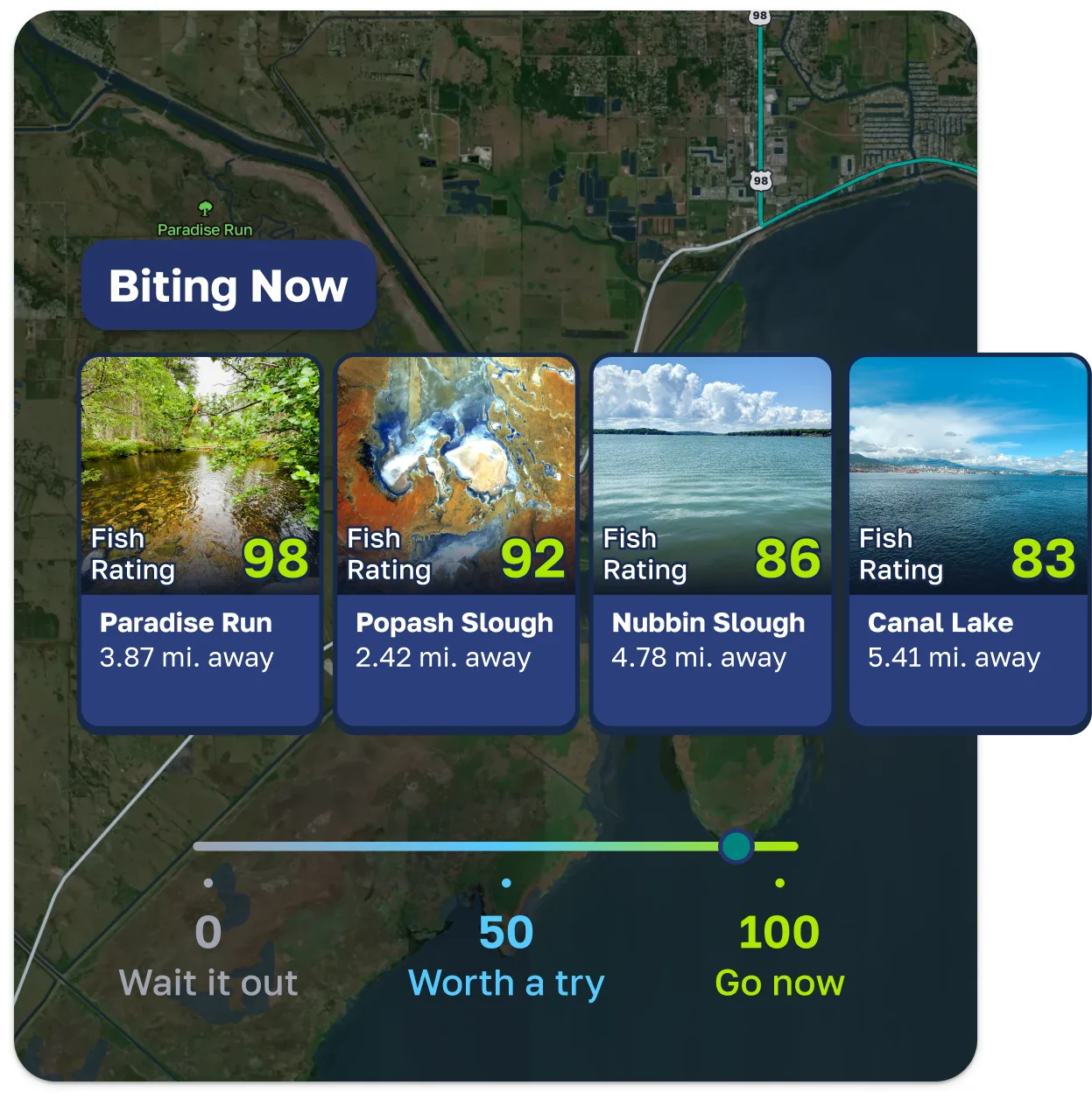 Fishly showing nearby waters on a map, each scored with a Fish Rating from 0 to 100
