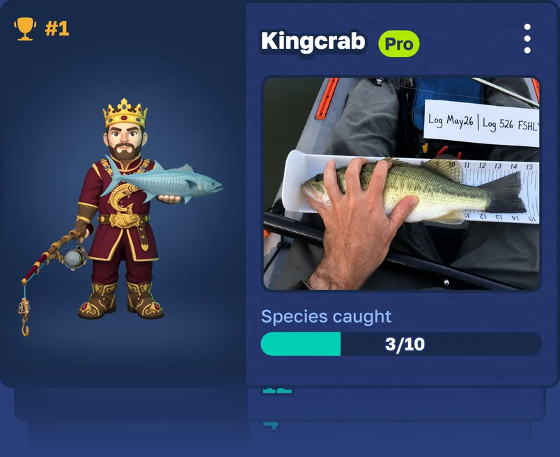 Top Anglers leaderboard showing DeepDiver, Queenbass and Kingcrab