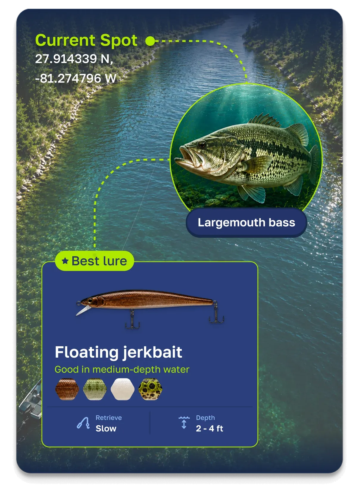 Fishly showing a mapped fishing spot, the identified largemouth bass and the recommended floating jerkbait