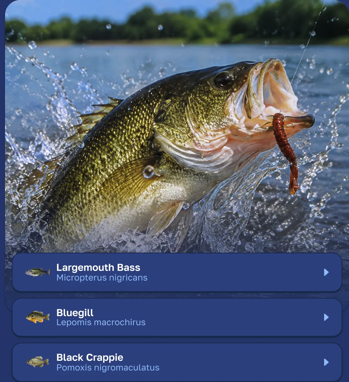 Fishly listing the species in the water — largemouth bass, bluegill and black crappie — over a photo of a bass striking a lure