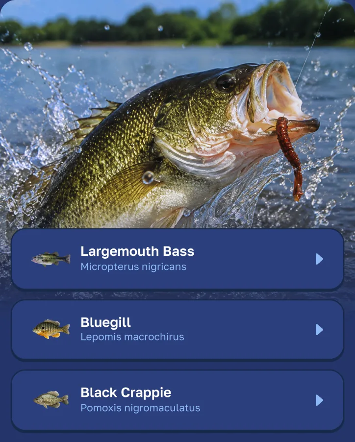 Fishly listing the species in the water — largemouth bass, bluegill and black crappie — over a photo of a bass striking a lure