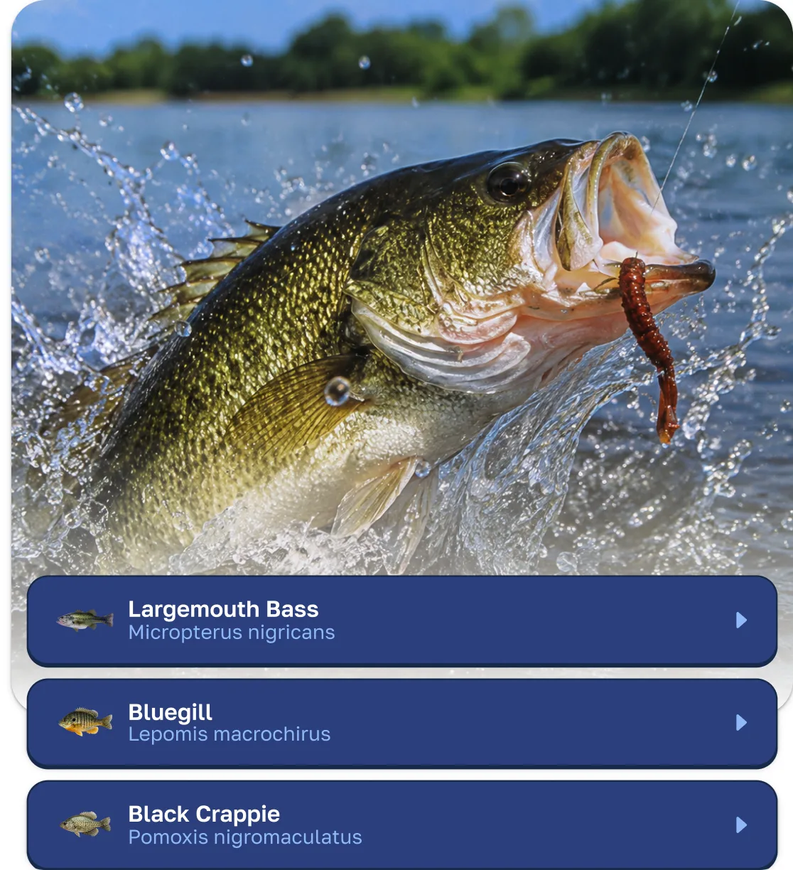 Fishly listing the species in the water — largemouth bass, bluegill and black crappie — over a photo of a bass striking a lure